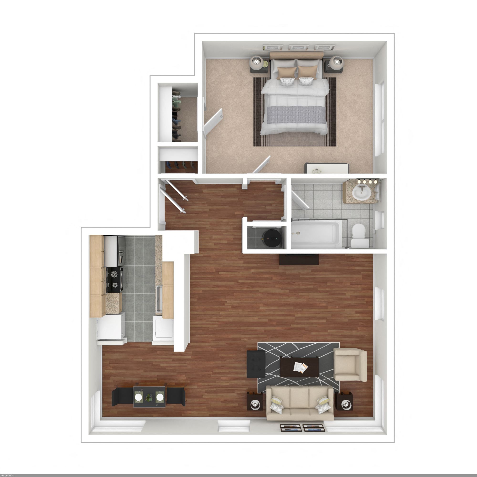 Floor plan for 1 bed, 1 bath, 615 sqft